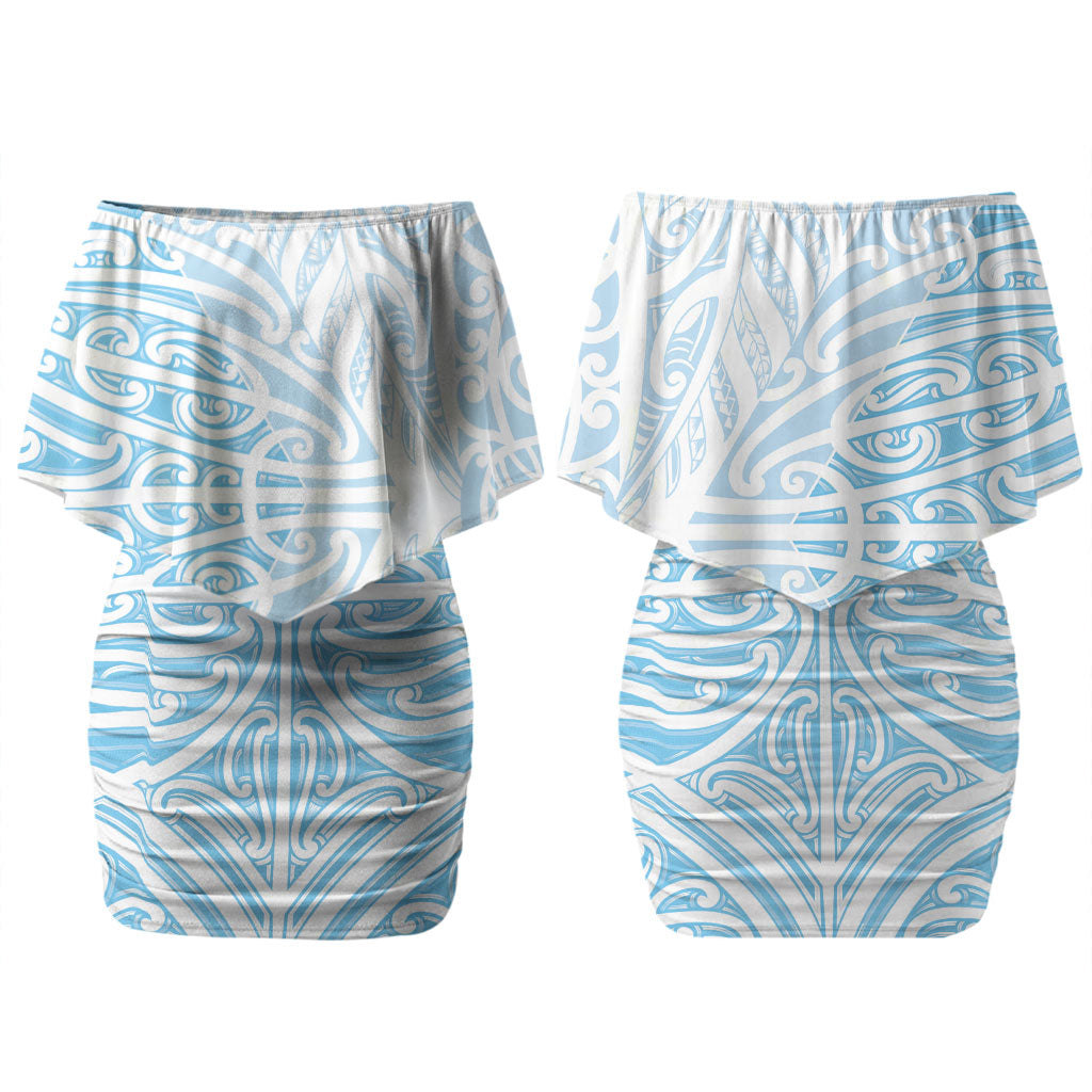 Blue New Zealand Puhoro Maori Tattoo Couples Matching Off Shoulder Short Dress and Long Sleeve Button Shirt LT14