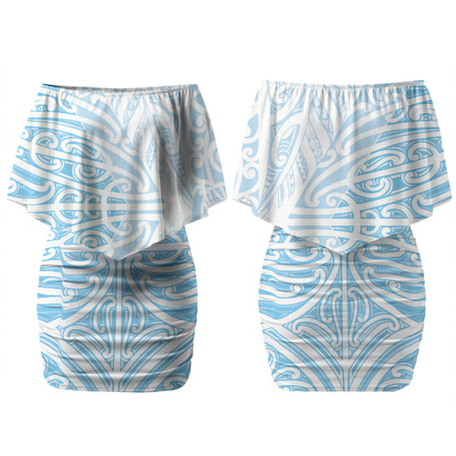 Blue New Zealand Puhoro Maori Tattoo Couples Matching Off Shoulder Short Dress and Long Sleeve Button Shirt LT14