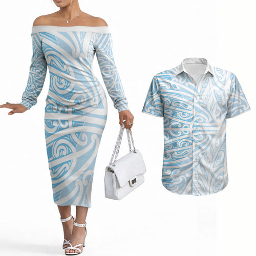 Blue New Zealand Puhoro Maori Tattoo Couples Matching Off The Shoulder Long Sleeve Dress and Hawaiian Shirt