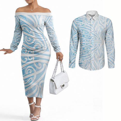 Blue New Zealand Puhoro Maori Tattoo Couples Matching Off The Shoulder Long Sleeve Dress and Long Sleeve Button Shirt