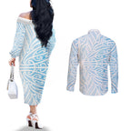 Blue New Zealand Puhoro Maori Tattoo Couples Matching Off The Shoulder Long Sleeve Dress and Long Sleeve Button Shirt