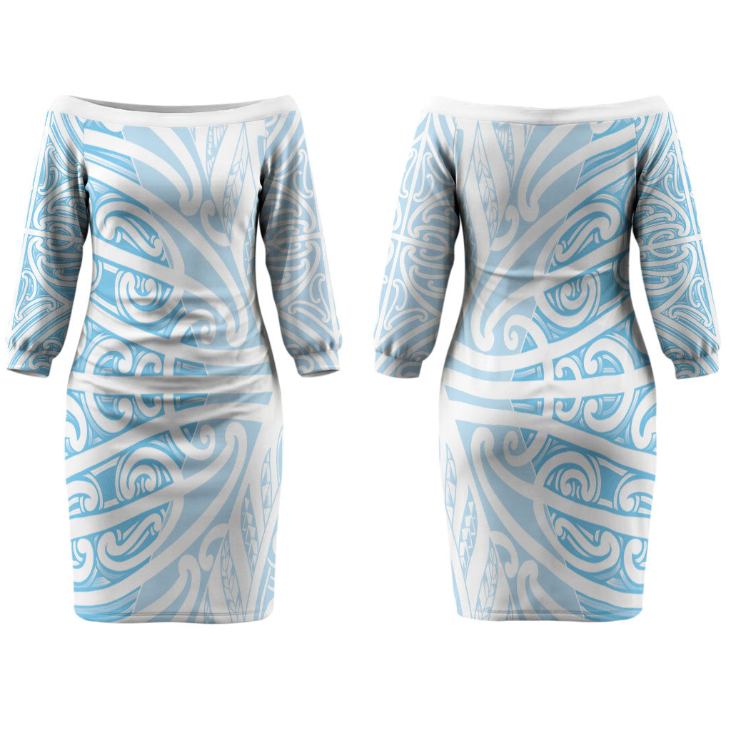 Blue New Zealand Puhoro Maori Tattoo Couples Matching Off The Shoulder Long Sleeve Dress and Long Sleeve Button Shirt LT14