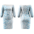 Blue New Zealand Puhoro Maori Tattoo Couples Matching Off The Shoulder Long Sleeve Dress and Long Sleeve Button Shirt LT14