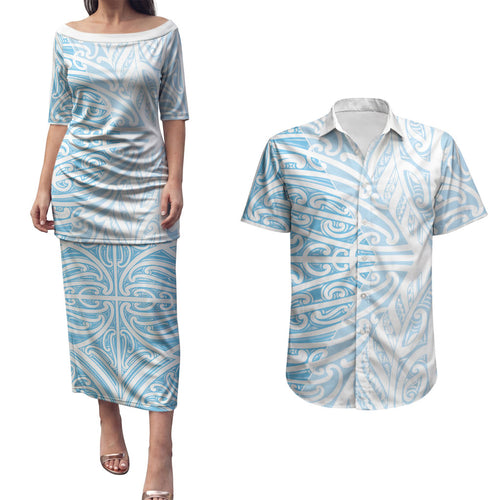 Blue New Zealand Puhoro Maori Tattoo Couples Matching Puletasi and Hawaiian Shirt