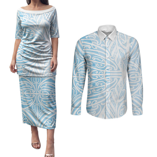 Blue New Zealand Puhoro Maori Tattoo Couples Matching Puletasi and Long Sleeve Button Shirt