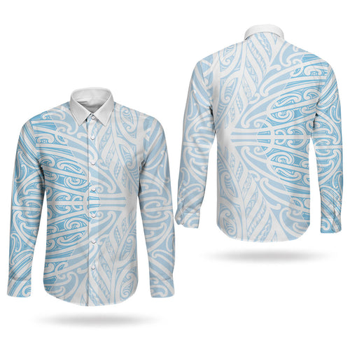 Blue New Zealand Puhoro Maori Tattoo Couples Matching Puletasi and Long Sleeve Button Shirt