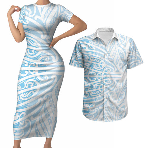 Blue New Zealand Puhoro Maori Tattoo Couples Matching Short Sleeve Bodycon Dress and Hawaiian Shirt