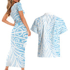 Blue New Zealand Puhoro Maori Tattoo Couples Matching Short Sleeve Bodycon Dress and Hawaiian Shirt