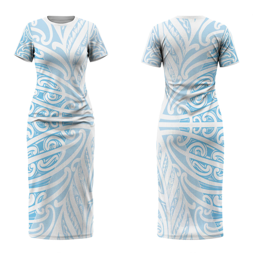 Blue New Zealand Puhoro Maori Tattoo Couples Matching Short Sleeve Bodycon Dress and Hawaiian Shirt LT14