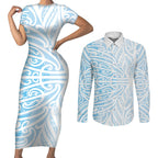 Blue New Zealand Puhoro Maori Tattoo Couples Matching Short Sleeve Bodycon Dress and Long Sleeve Button Shirt