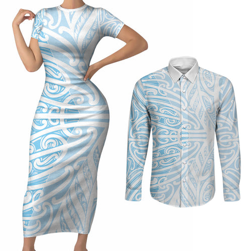 Blue New Zealand Puhoro Maori Tattoo Couples Matching Short Sleeve Bodycon Dress and Long Sleeve Button Shirt