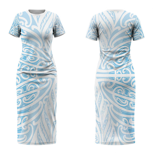 Blue New Zealand Puhoro Maori Tattoo Couples Matching Short Sleeve Bodycon Dress and Long Sleeve Button Shirt LT14