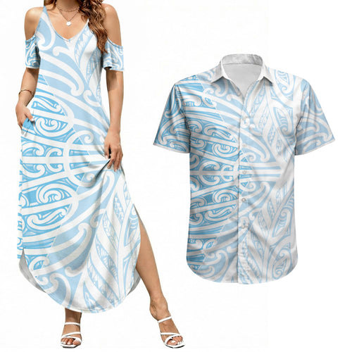 Blue New Zealand Puhoro Maori Tattoo Couples Matching Summer Maxi Dress and Hawaiian Shirt