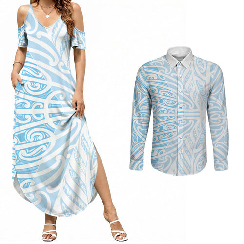 Blue New Zealand Puhoro Maori Tattoo Couples Matching Summer Maxi Dress and Long Sleeve Button Shirt