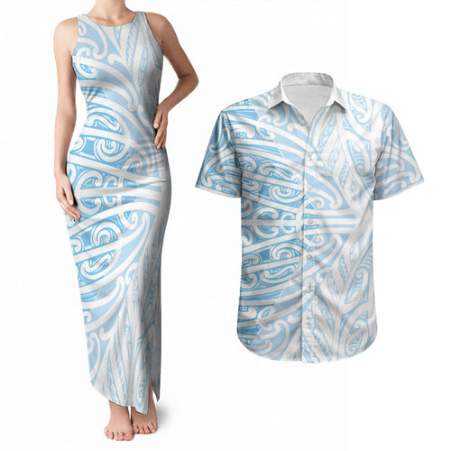 Blue New Zealand Puhoro Maori Tattoo Couples Matching Tank Maxi Dress and Hawaiian Shirt
