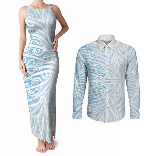 Blue New Zealand Puhoro Maori Tattoo Couples Matching Tank Maxi Dress and Long Sleeve Button Shirt