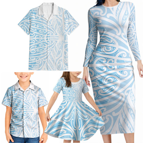 Blue New Zealand Puhoro Maori Tattoo Family Matching Long Sleeve Bodycon Dress and Hawaiian Shirt