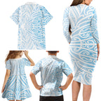 Blue New Zealand Puhoro Maori Tattoo Family Matching Long Sleeve Bodycon Dress and Hawaiian Shirt