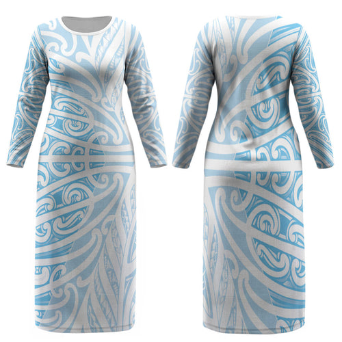 Blue New Zealand Puhoro Maori Tattoo Family Matching Long Sleeve Bodycon Dress and Hawaiian Shirt