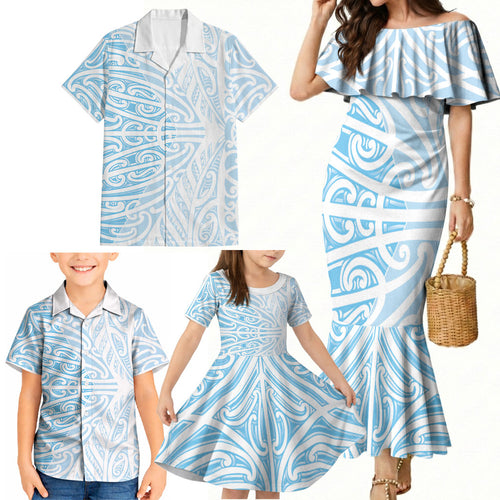 Blue New Zealand Puhoro Maori Tattoo Family Matching Mermaid Dress and Hawaiian Shirt