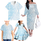 Blue New Zealand Puhoro Maori Tattoo Family Matching Off The Shoulder Long Sleeve Dress and Hawaiian Shirt