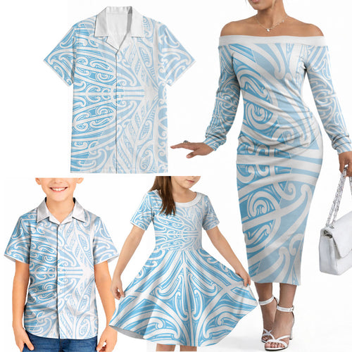Blue New Zealand Puhoro Maori Tattoo Family Matching Off The Shoulder Long Sleeve Dress and Hawaiian Shirt