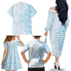 Blue New Zealand Puhoro Maori Tattoo Family Matching Off The Shoulder Long Sleeve Dress and Hawaiian Shirt