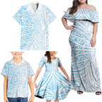 Blue New Zealand Puhoro Maori Tattoo Family Matching Off Shoulder Maxi Dress and Hawaiian Shirt