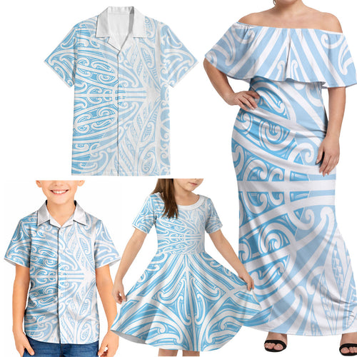 Blue New Zealand Puhoro Maori Tattoo Family Matching Off Shoulder Maxi Dress and Hawaiian Shirt