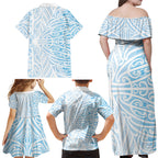 Blue New Zealand Puhoro Maori Tattoo Family Matching Off Shoulder Maxi Dress and Hawaiian Shirt