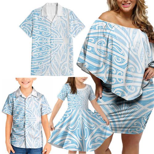 Blue New Zealand Puhoro Maori Tattoo Family Matching Off Shoulder Short Dress and Hawaiian Shirt