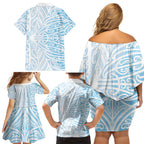 Blue New Zealand Puhoro Maori Tattoo Family Matching Off Shoulder Short Dress and Hawaiian Shirt