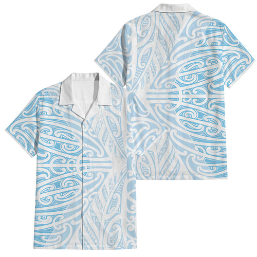Blue New Zealand Puhoro Maori Tattoo Family Matching Off Shoulder Short Dress and Hawaiian Shirt
