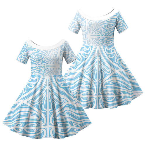 Blue New Zealand Puhoro Maori Tattoo Family Matching Off Shoulder Short Dress and Hawaiian Shirt