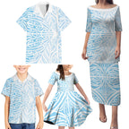 Blue New Zealand Puhoro Maori Tattoo Family Matching Puletasi and Hawaiian Shirt