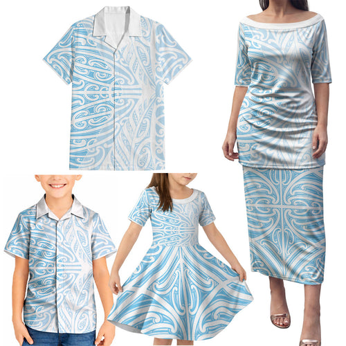 Blue New Zealand Puhoro Maori Tattoo Family Matching Puletasi and Hawaiian Shirt