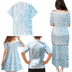 Blue New Zealand Puhoro Maori Tattoo Family Matching Puletasi and Hawaiian Shirt