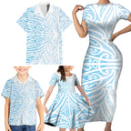 Blue New Zealand Puhoro Maori Tattoo Family Matching Short Sleeve Bodycon Dress and Hawaiian Shirt