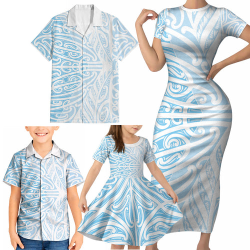 Blue New Zealand Puhoro Maori Tattoo Family Matching Short Sleeve Bodycon Dress and Hawaiian Shirt