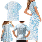 Blue New Zealand Puhoro Maori Tattoo Family Matching Short Sleeve Bodycon Dress and Hawaiian Shirt