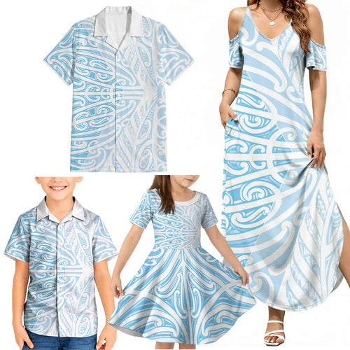 Blue New Zealand Puhoro Maori Tattoo Family Matching Summer Maxi Dress and Hawaiian Shirt