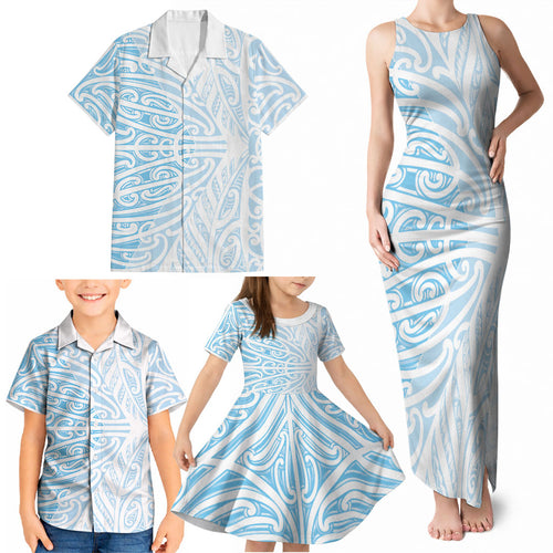 Blue New Zealand Puhoro Maori Tattoo Family Matching Tank Maxi Dress and Hawaiian Shirt