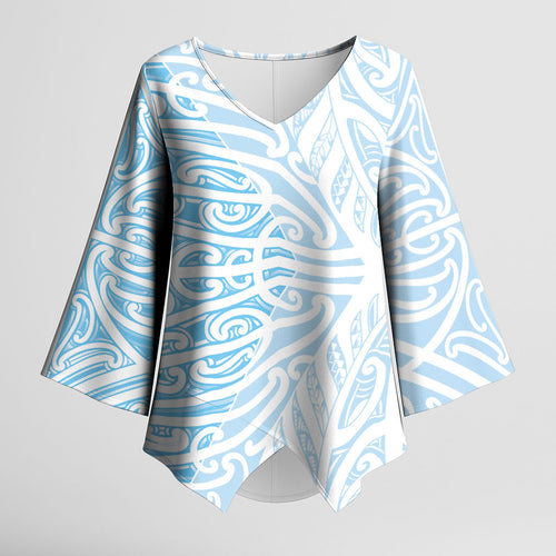 Blue New Zealand Puhoro Maori Tattoo Kimono Sleeve Blouse