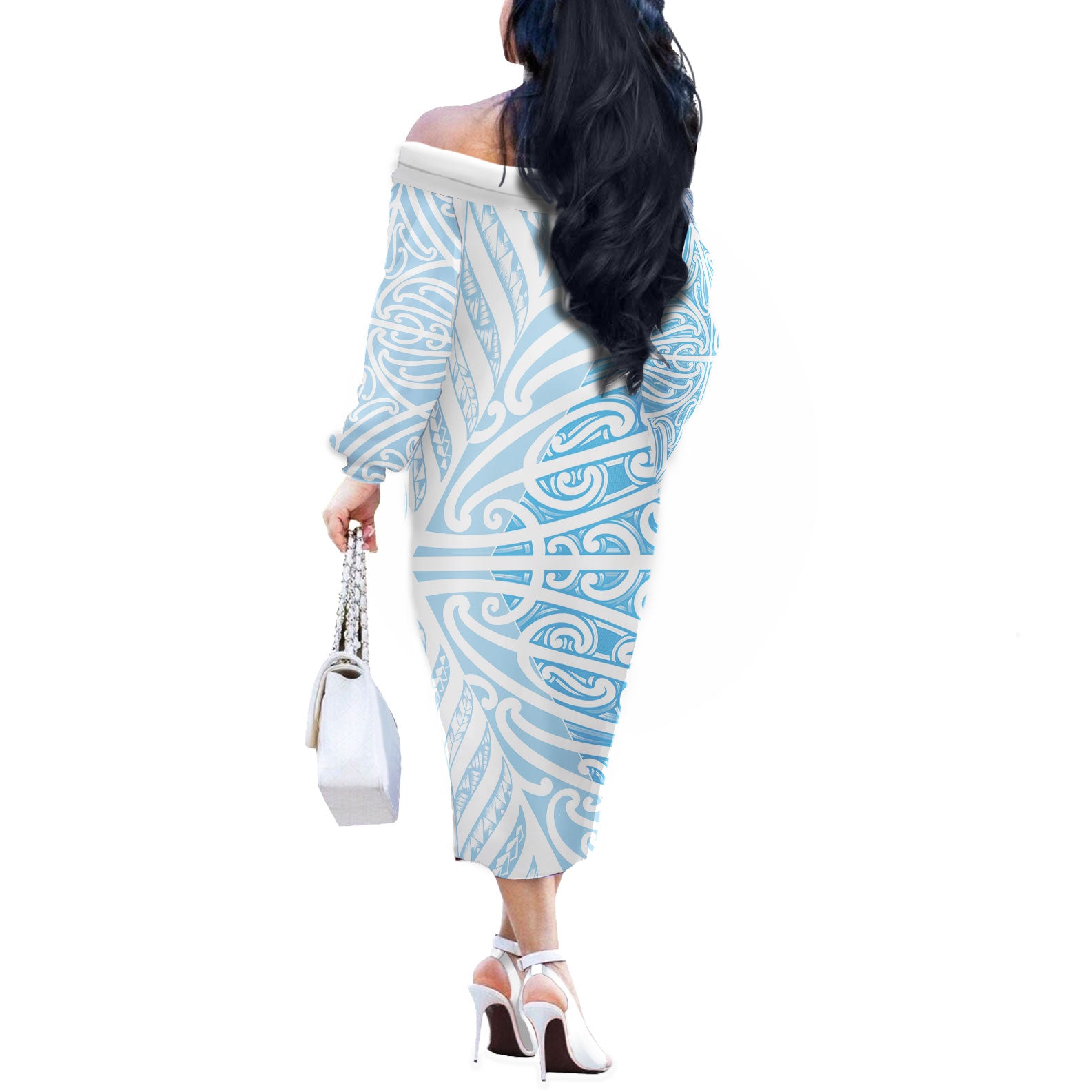 Blue New Zealand Puhoro Maori Tattoo Off The Shoulder Long Sleeve Dress