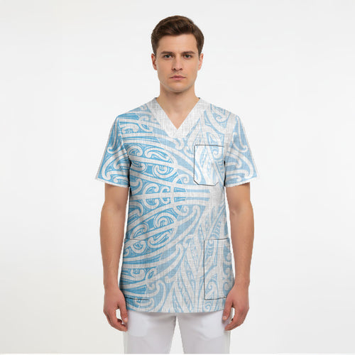 Blue New Zealand Puhoro Maori Tattoo Scrub Top