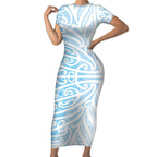 Blue New Zealand Puhoro Maori Tattoo Short Sleeve Bodycon Dress