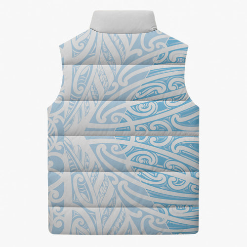 Blue New Zealand Puhoro Maori Tattoo Sleeveless Puffer Jacket