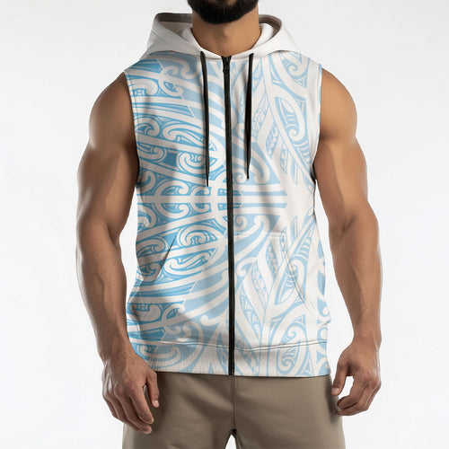Blue New Zealand Puhoro Maori Tattoo Sleeveless Zip Hoodie