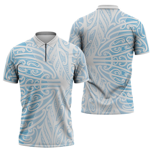 Blue New Zealand Puhoro Maori Tattoo Zipper Polo Shirt