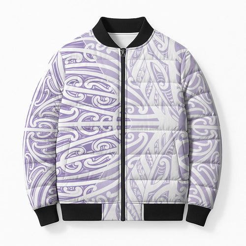 Purple New Zealand Puhoro Maori Tattoo Bomber Puffer Jacket